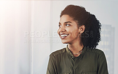 Buy stock photo Business, woman and happy with thinking in office of memory, daydreaming and reflection for startup. Professional, employee and thoughtful with mockup space for planning, pride and brainstorming