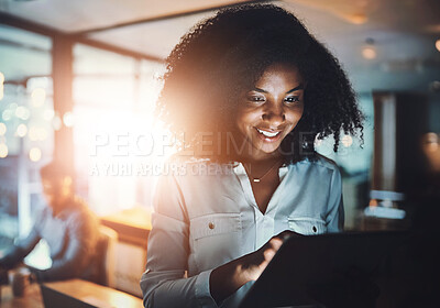 Buy stock photo Tablet, night and business woman in office with stock market analysis for risk management. Digital technology, research and African female financial broker with foreign exchange trading for client.