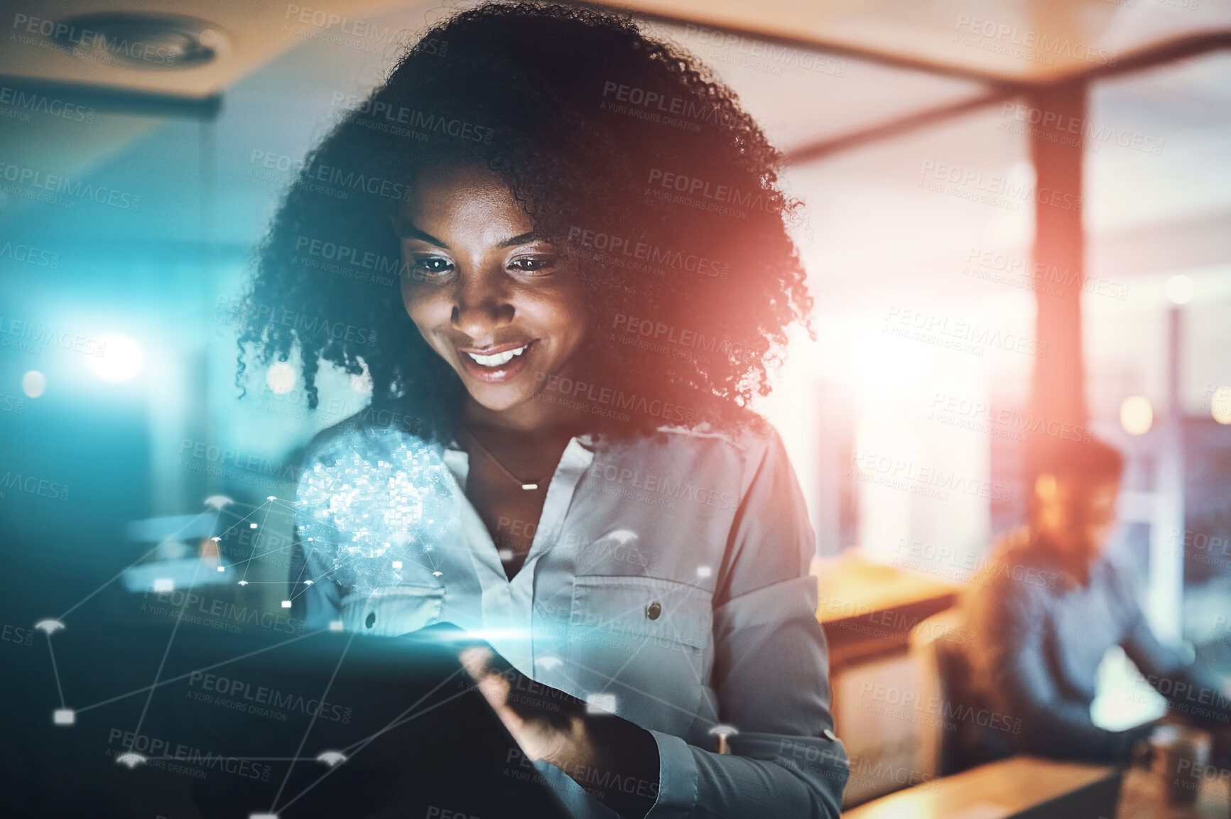 Buy stock photo Night, business and black woman with tablet in office for review, proposal deadline or networking. Lens flare, hologram and employee for project development, communication or online brand monitoring