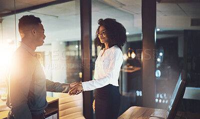 Buy stock photo Team, business people and handshake for welcome, introduction and meeting at night in office. Corporate career, employees and partnership with shaking hands for helping, project deal and thank you