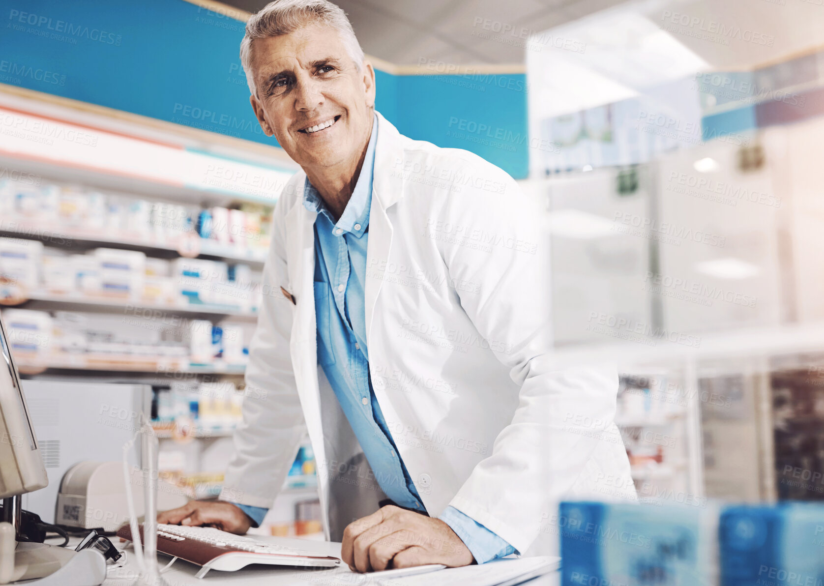 Buy stock photo Smile, man and mature pharmacist thinking of wellness, drugs or healthcare in pharmacy clinic. Pharmaceutical, medical and proud chemist with confidence by the counter of medication store dispensary