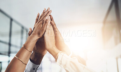 Buy stock photo Hands, high five and business people with agreement, success and celebration with teamwork. Collaboration, company and group with professional achievement and solidarity at creative job with mockup