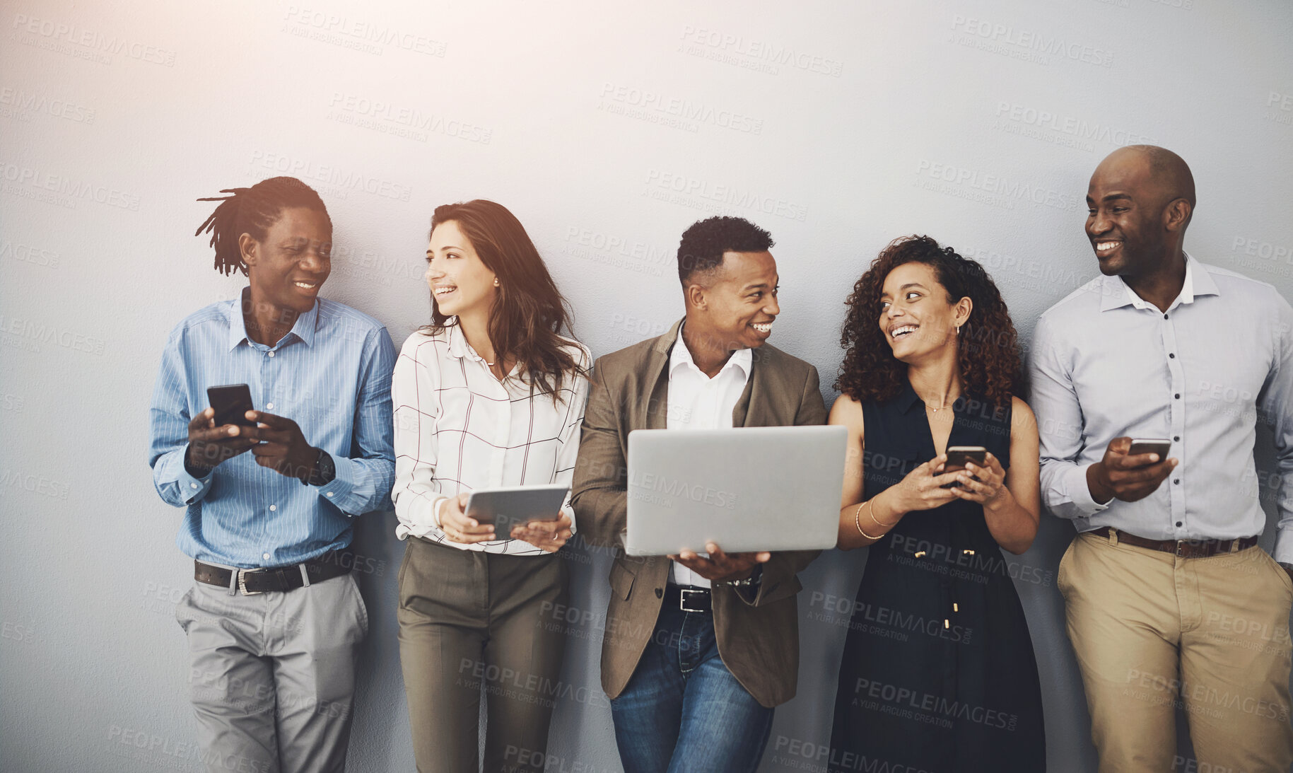 Buy stock photo Laptop, tablet and line of business people on wall background in office for contact us, hiring and networking. Diversity, company and men and women on technology for queue, recruitment and interview