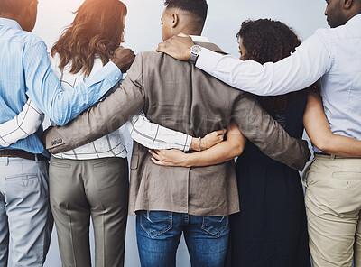 Buy stock photo Business people, hug and back with group in office for connection, care and solidarity with work community. Men, women and embrace with diversity for link, synergy and teamwork with inclusion at job