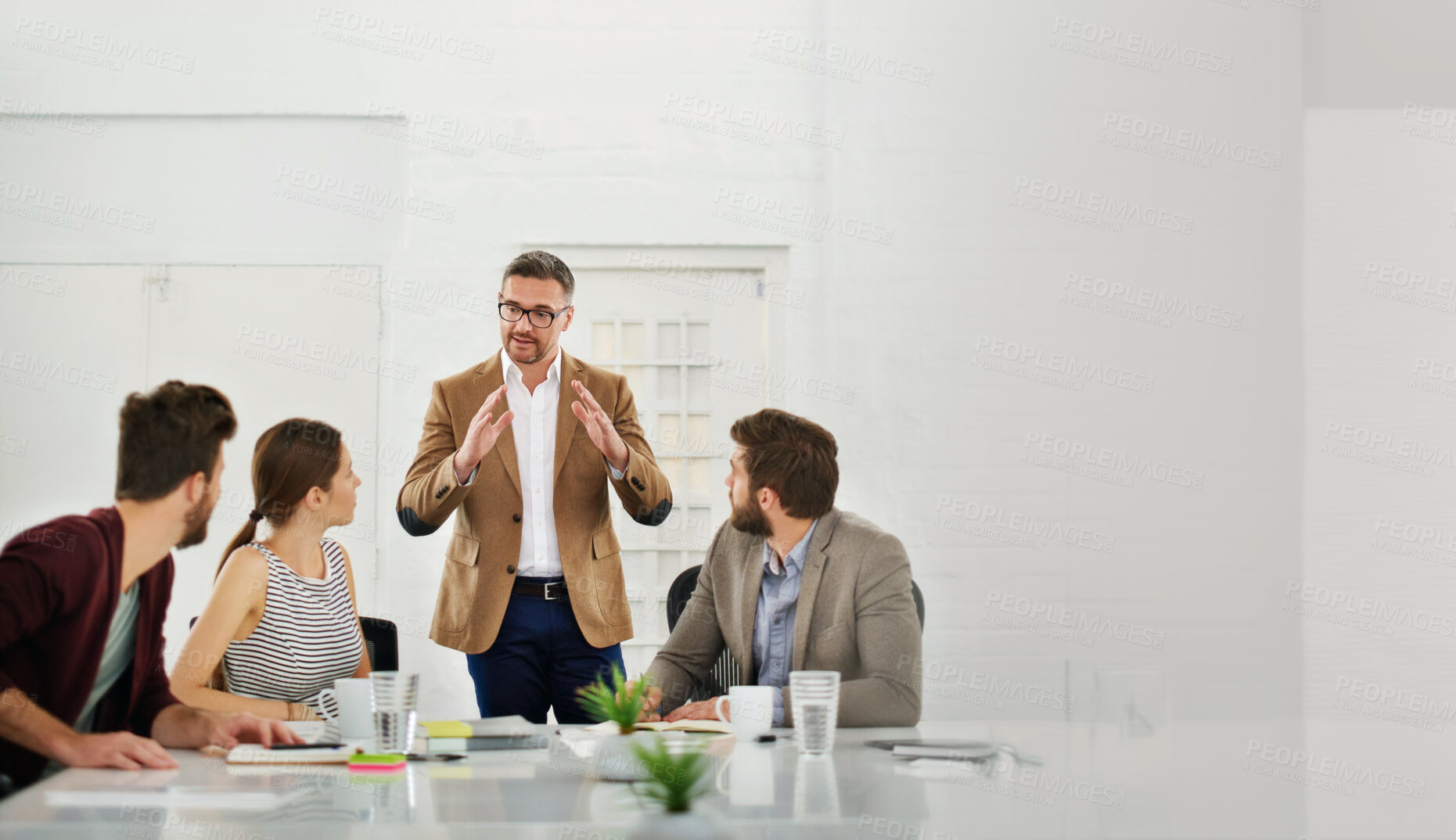 Buy stock photo Meeting, research and business people in office for discussion on creative project together. Teamwork, planning and group of professional designers working in collaboration in workplace boardroom.