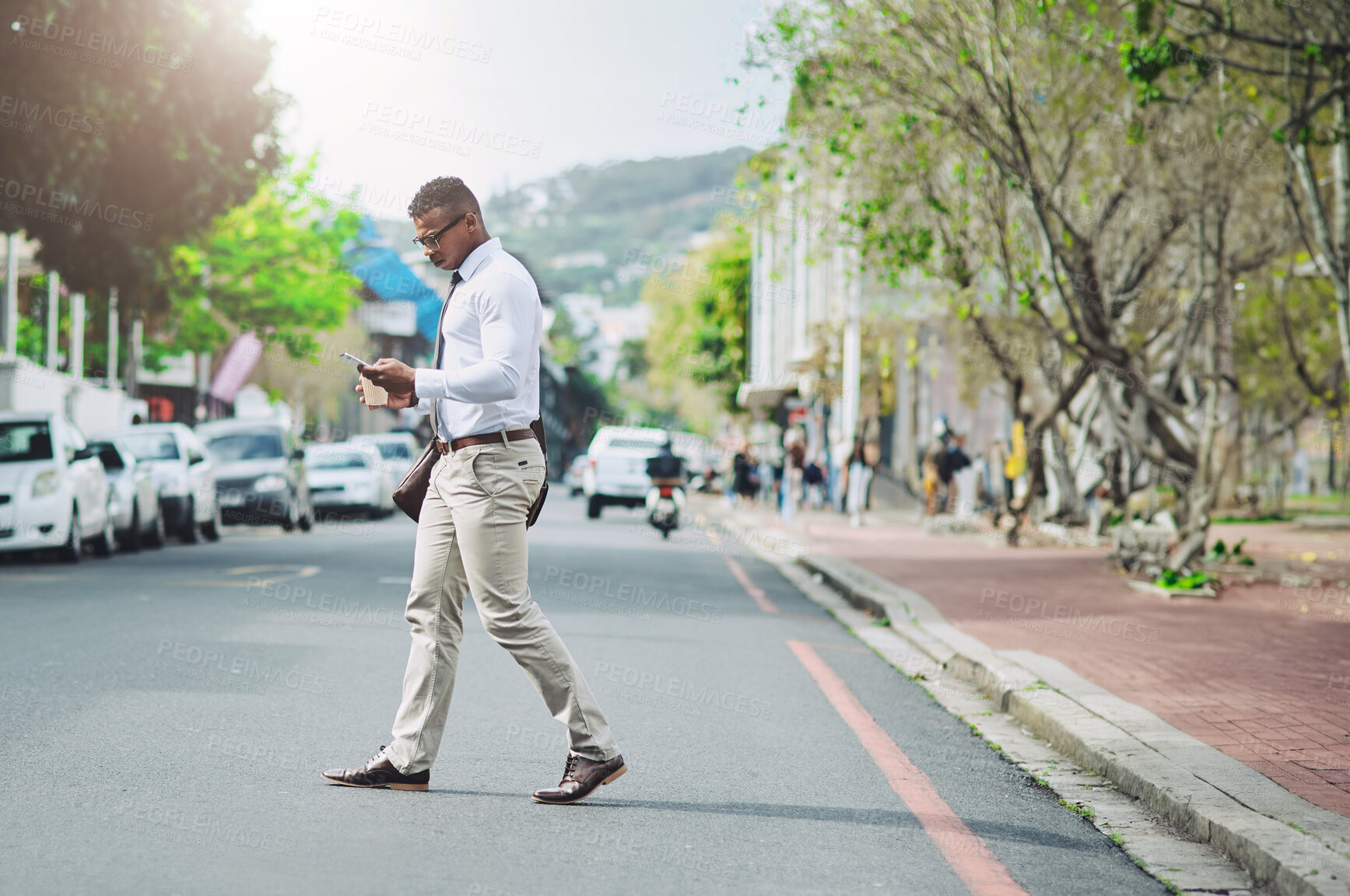 Buy stock photo Business man, walking and phone on city road with morning commute and social media break. Urban, travel and street with professional and mobile text outdoor with online map search and tech of worker