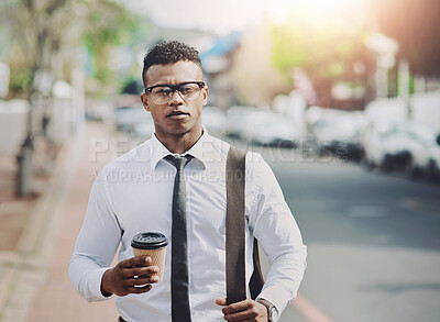 Buy stock photo Road, portrait and business man in morning for travel, commute and outdoor for city journey to work. Street, walking and coffee for corporate lawyer in urban, pride and black person ready in London 