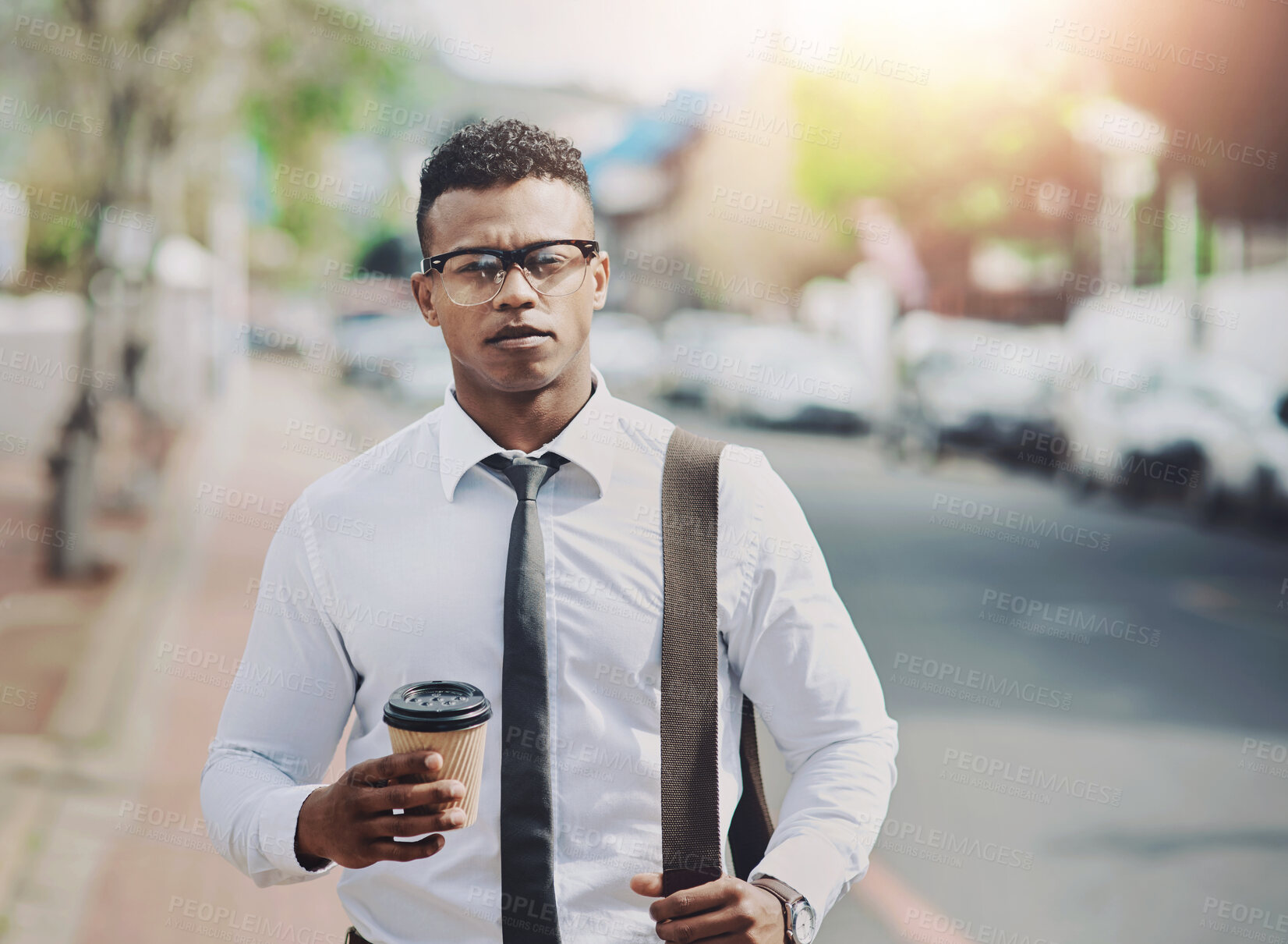 Buy stock photo Road, portrait and business man in morning for travel, commute and outdoor for city journey to work. Street, walking and coffee for corporate lawyer in urban, pride and black person ready in London 