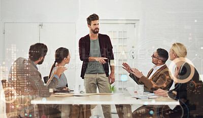 Buy stock photo Business, meeting and man in boardroom by double exposure, departure board and colleagues. Professional, corporate team and speaker for presentation, discussion and project proposal in office