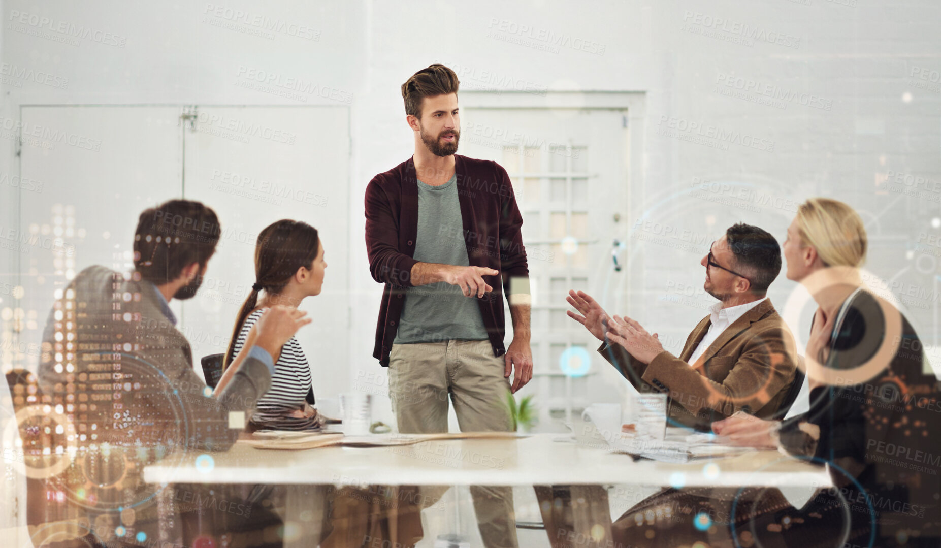 Buy stock photo Business, meeting and man in boardroom by double exposure, departure board and colleagues. Professional, corporate team and speaker for presentation, discussion and project proposal in office