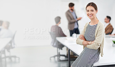 Buy stock photo Meeting, girl and confident with portrait for designer career in media industry, broadcasting and content creation. Female employee, arms crossed and smile for creative agency job in multimedia.