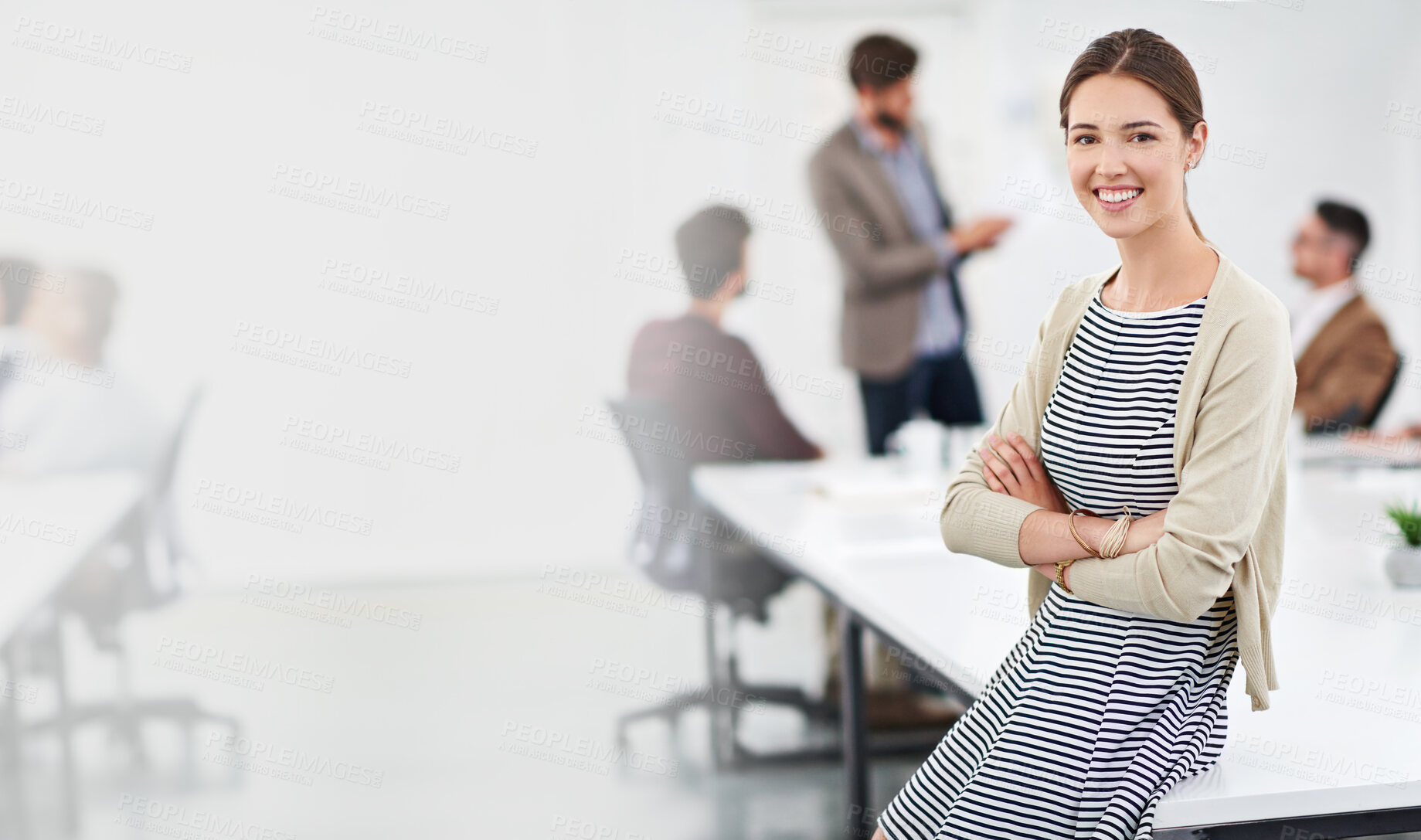 Buy stock photo Meeting, girl and confident with portrait for designer career in media industry, broadcasting and content creation. Female employee, arms crossed and smile for creative agency job in multimedia.