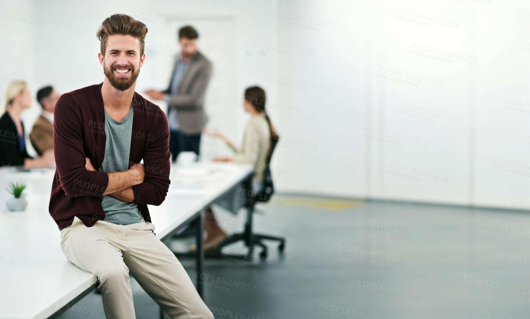 Buy stock photo Business, man and portrait in coworking office for creative job, happy employee and company growth with professional. People, workplace and meeting discussion, project manager and male person