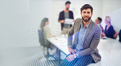 Buy stock photo Business, man and portrait in co working office for creative job, happy employee and company goals with vision for growth. People, workplace and meeting discussion, project manager and male person