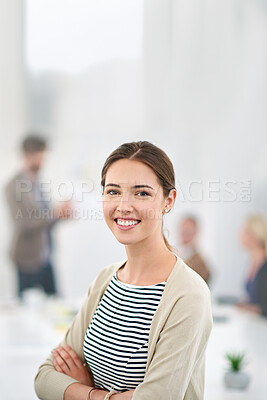 Buy stock photo Businesswoman, portrait and coworking office for creative job, happy employee and company goals with vision for growth. People, workplace and business meeting, project manager and female person