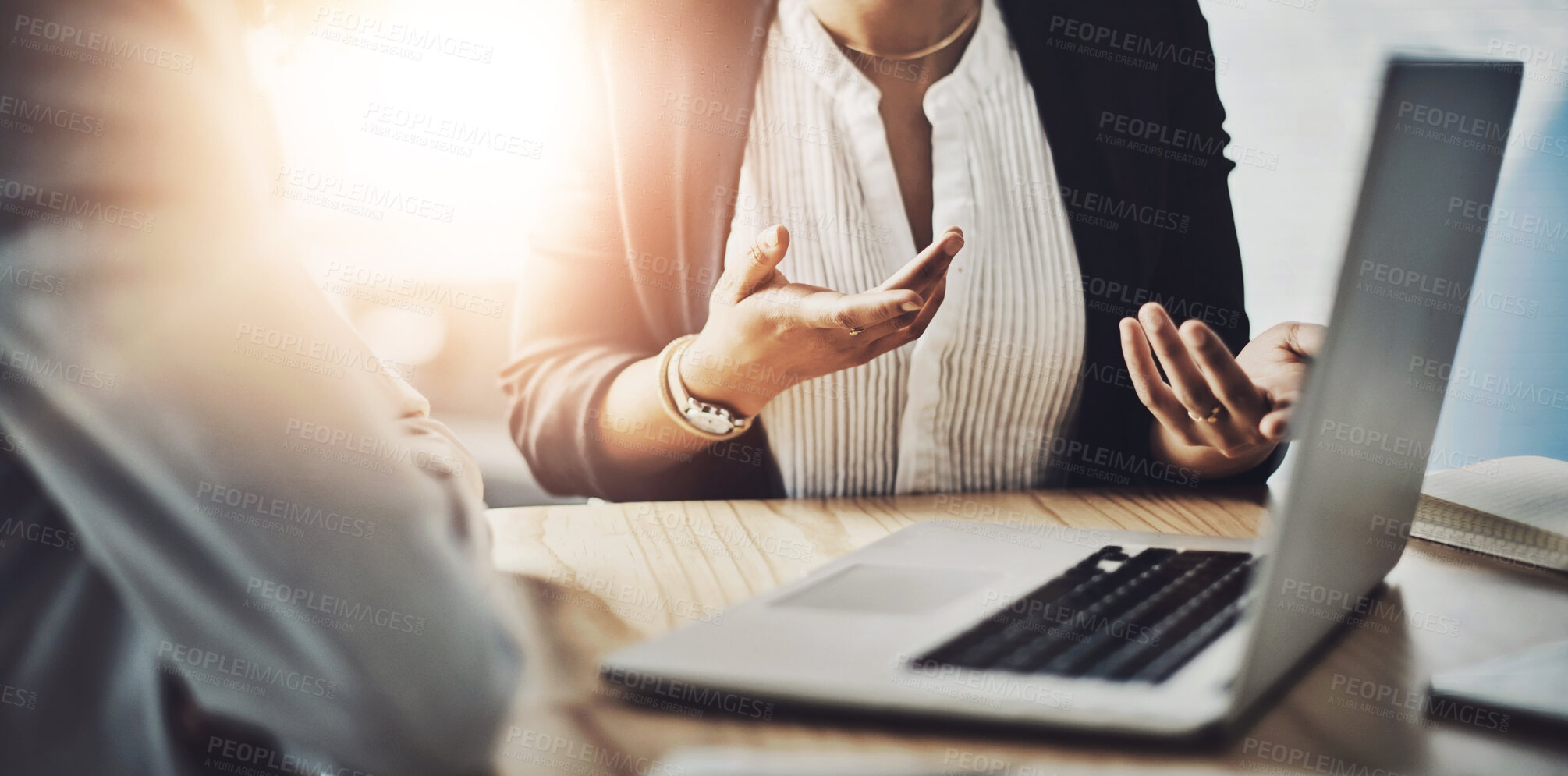 Buy stock photo Meeting, hands and laptop in office for planning, discussion and strategy at table. Business people, technology and idea in workplace with teamwork, brainstorming and partnership in company at desk