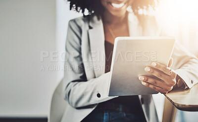 Buy stock photo Hands, business and woman with tablet, connection and answer with communications consultant. Closeup, person and entrepreneur with tech, creative agency and social media with internet and digital app