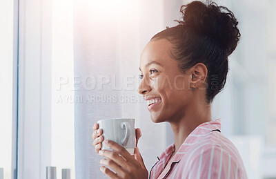 Buy stock photo Happy woman, thinking and window with coffee for morning, start or new beginning in pajamas at home. Female person with smile in wonder or thought for beverage, drink or caffeine breakfast at house