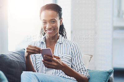 Buy stock photo African woman, portrait and mobile phone on sofa for relax, chat and text message on social media at home. Technology, connection and contact of girl with cellphone, online app and game on couch