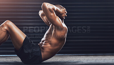 Buy stock photo Sit up, fitness and black man in gym for training, exercise and bodybuilder workout with muscle. Sports, athlete and person do challenge, performance and endurance for wellness, health and strength