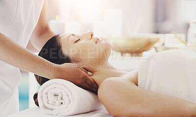 Buy stock photo Woman, relax and massage with masseuse at spa for facial treatment, stress relief or zen at luxury resort. Female person sleeping on bed for physical therapy, relaxation or wellness at beauty salon