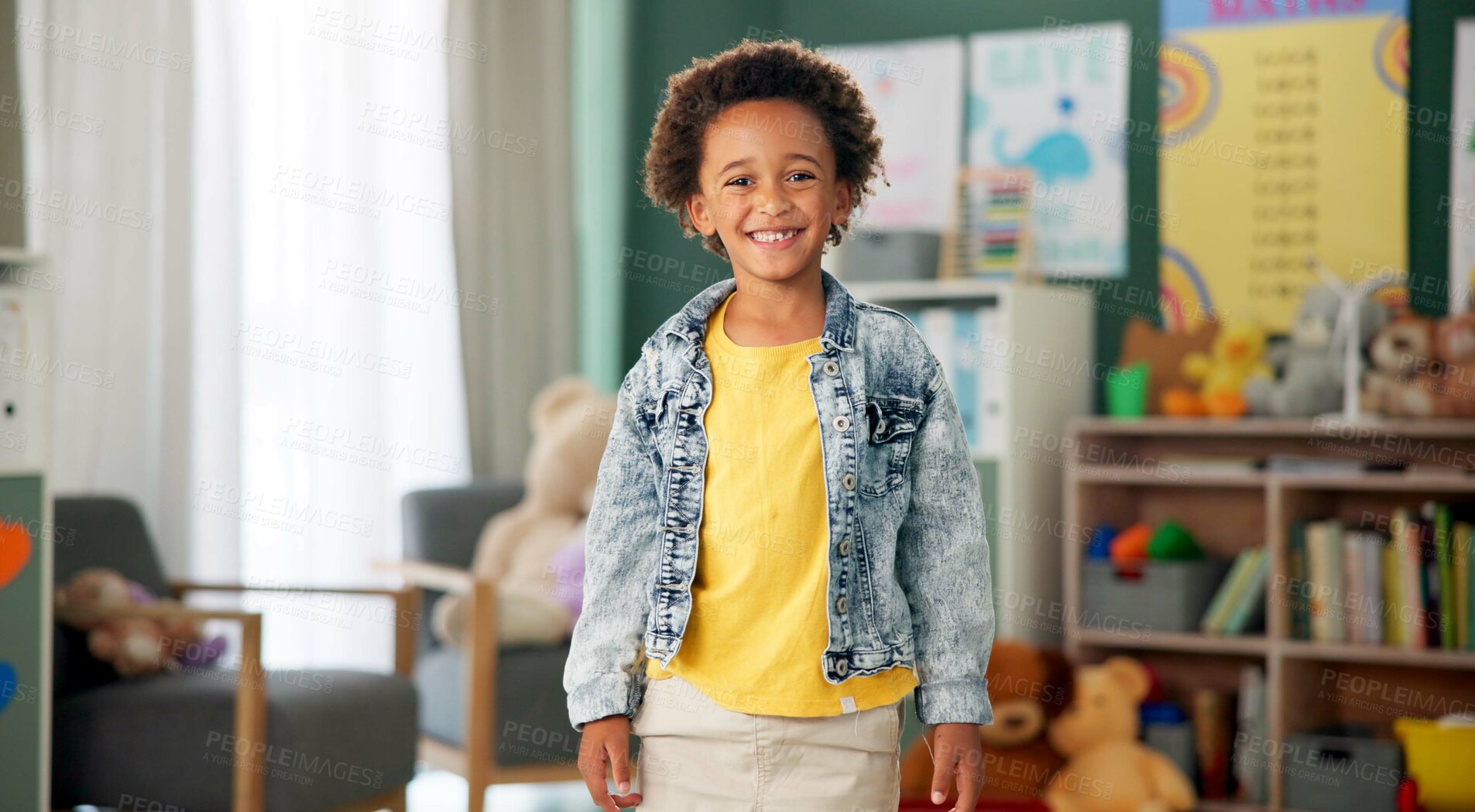 Buy stock photo Smile, face and kid in classroom for education, learning and ready for morning kindergarten. Happy, school and portrait of boy or student with knowledge, studying and pride for academic lesson