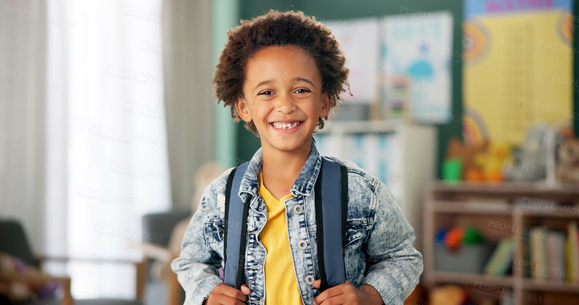 Buy stock photo Smile, face and student in classroom for education, learning and ready for morning kindergarten. Happy, school and portrait of boy or child with knowledge, studying and pride for academic lesson