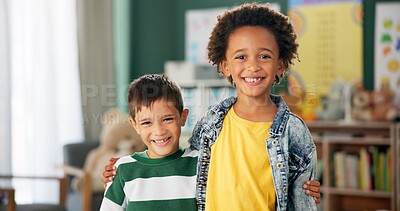 Buy stock photo Happy, school and face of children hug in classroom for learning, knowledge and education together. Friends, students and portrait of young boys in kindergarten for bonding, development and academy