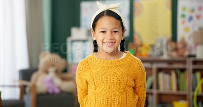 Buy stock photo Smile, face and girl in classroom for education, learning and ready for morning kindergarten. Happy, school and portrait of child or student with knowledge, studying and pride for academic lesson