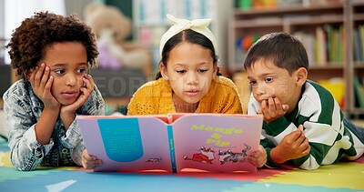 Children, kindergarten and reading together in class, childhood development and growth for vocabulary in school. Listening, knowledge and information with storybook, learning and fantasy for friends