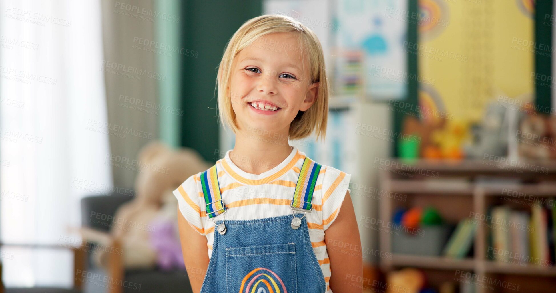 Buy stock photo Girl, child and face or happy in classroom for education, knowledge or fun learning with confidence. Student, person and portrait with smile at kindergarten for studying, pride and academy or school