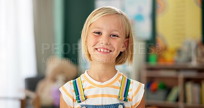 Buy stock photo Girl, child and face or happy in classroom for education, knowledge or fun learning with confidence. Student, person and portrait with smile at kindergarten for studying, pride and academy or school