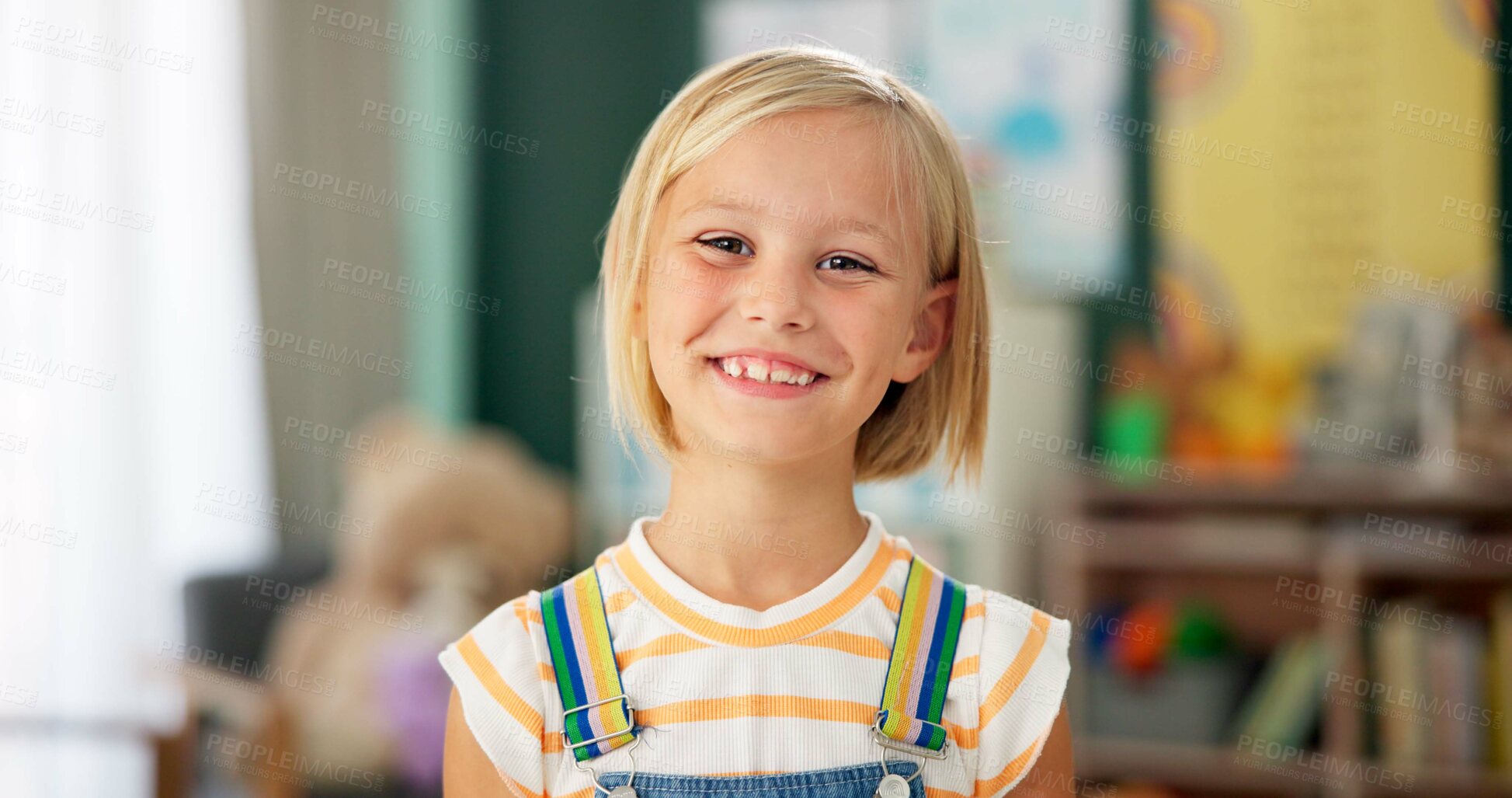 Buy stock photo Girl, child and face or happy in classroom for education, knowledge or fun learning with confidence. Student, person and portrait with smile at kindergarten for studying, pride and academy or school