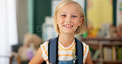 Buy stock photo Happy, face and child in classroom for education, learning and ready for morning kindergarten. Smile, school and portrait of girl or student with knowledge, studying and pride for academic lesson