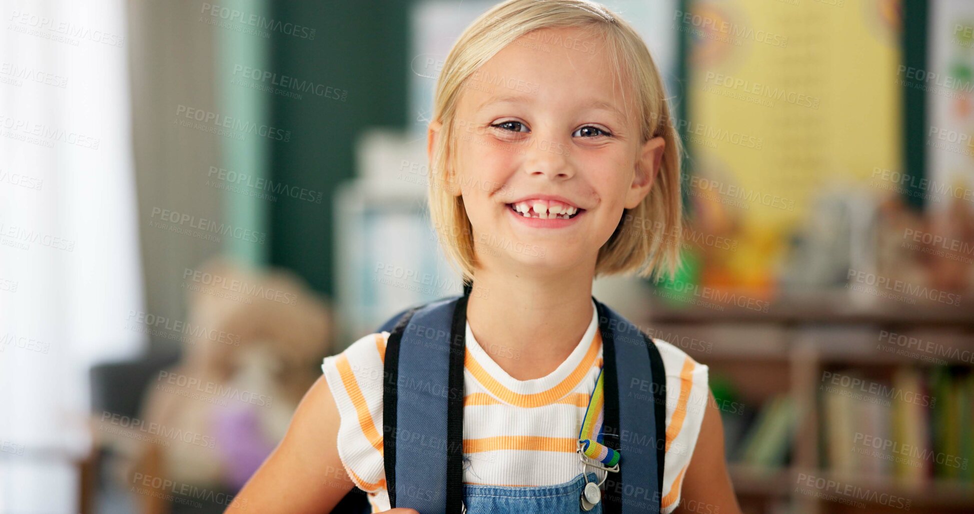 Buy stock photo Happy, face and child in classroom for education, learning and ready for morning kindergarten. Smile, school and portrait of girl or student with knowledge, studying and pride for academic lesson