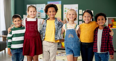 Buy stock photo Children, diversity and kindergarten standing in class, bonding and education support with friends or students. Childhood, development and growth with community, innocent and learning environment