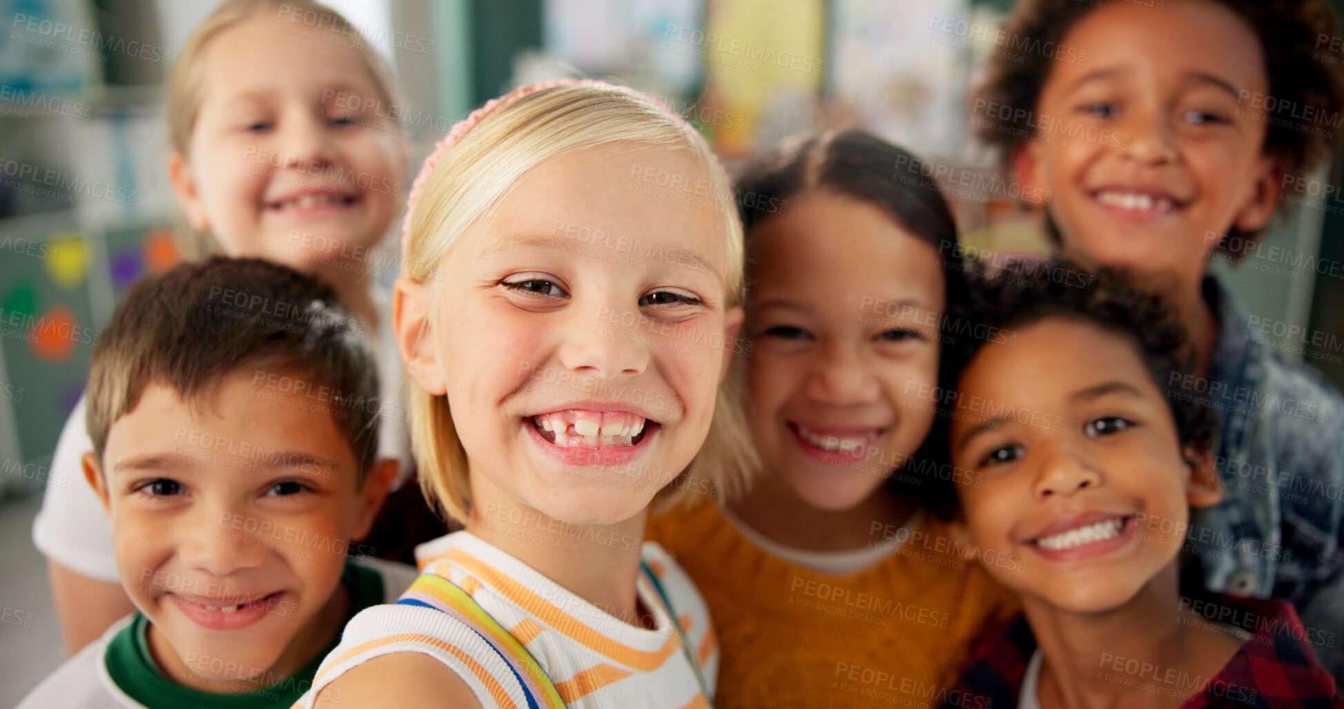 Buy stock photo Children, school and happy in class selfie, student and fun with group for childcare development and growth and smile. Fun, diversity and bonding with friends or peers, learn environment or classroom