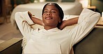 African, woman and stretching for rest, done or complete on break in relax, peace and eyes closed at home. Black, female person and calm in apartment with satisfied, smile and pride in comfortable