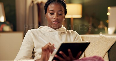 Buy stock photo Relax, drawing and black woman on sofa with tablet for creative ideas, work from home and fashion. Small business, software and girl on couch with digital app for design, sketch or online inspiration