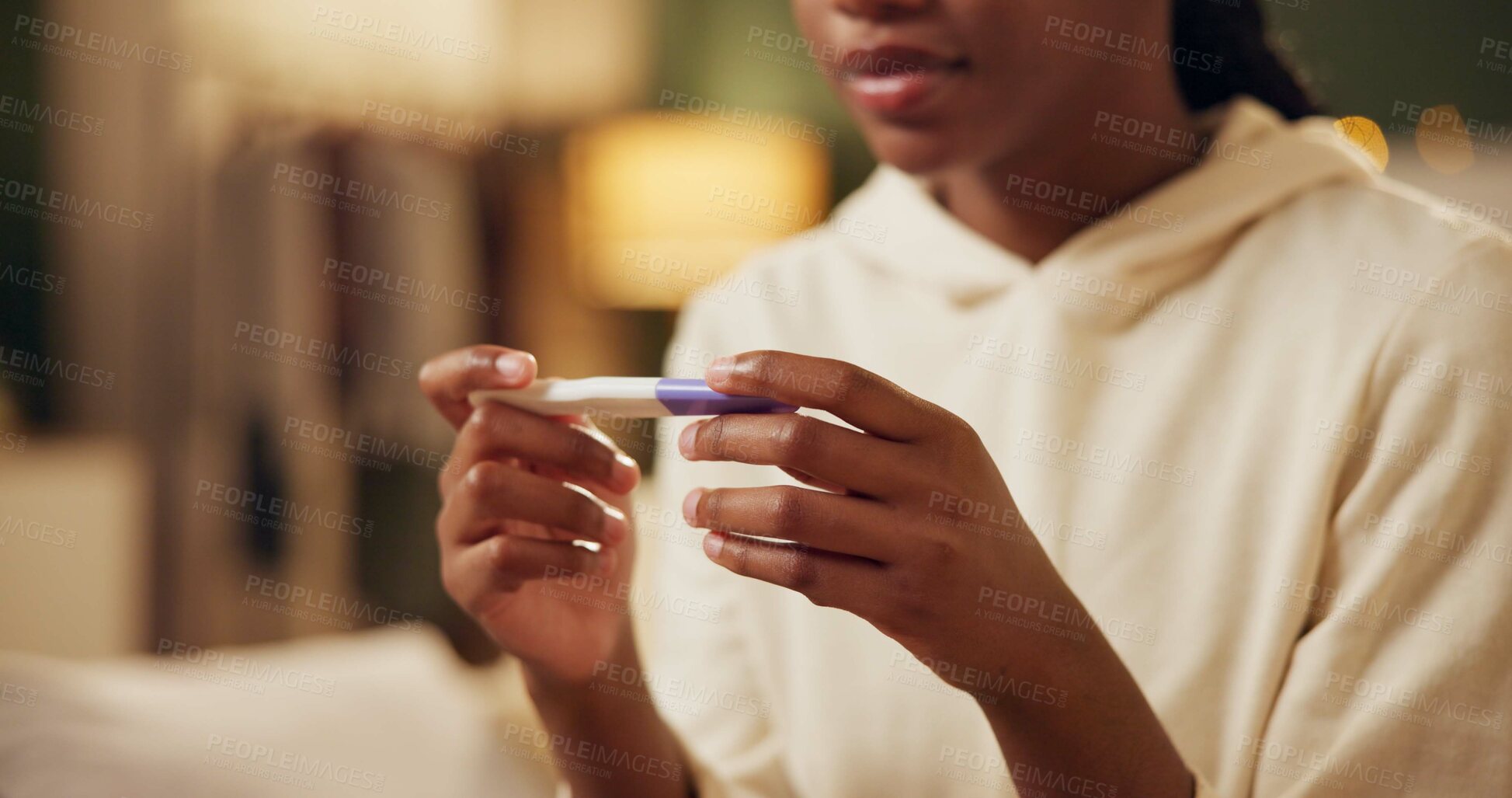 Buy stock photo Home, hands and woman with pregnancy test, surprise and frustrated with results, info and mistake. Closeup, person and girl in lounge, stress and overwhelmed with depression and regret with test kit