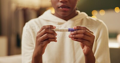 Home, hands and woman with pregnancy test, surprise and frustrated with results, info and mistake. Closeup, person and girl in lounge, stress and overwhelmed with depression and regret with test kit