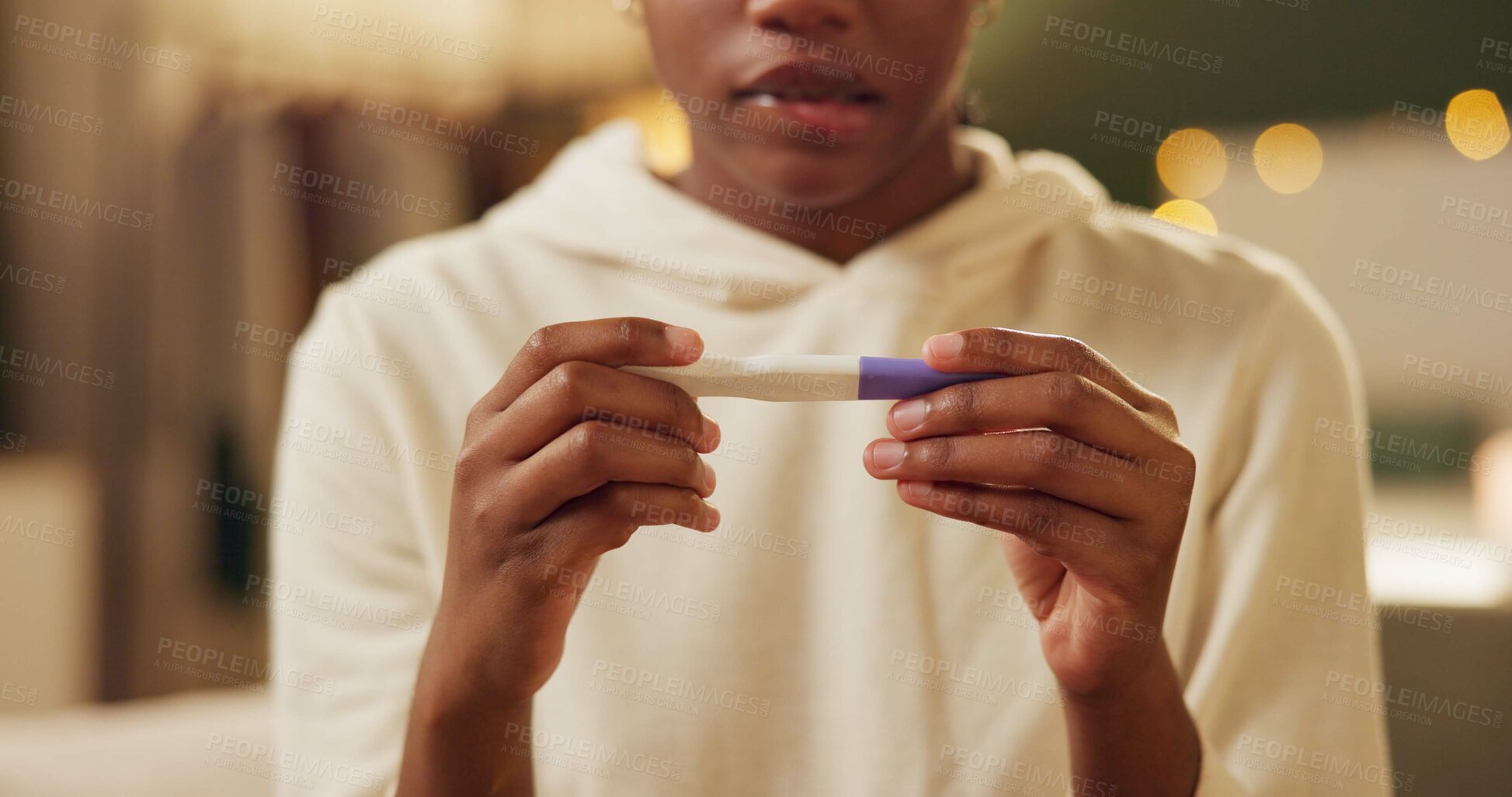 Buy stock photo Home, hands and woman with pregnancy test, surprise and frustrated with results, info and mistake. Closeup, person and girl in lounge, stress and overwhelmed with depression and regret with test kit