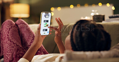 Buy stock photo Black woman, sofa and phone screen for food delivery app with choice, menu and ecommerce at night in home. Girl, person and smartphone with click, scroll and decision for diet, nutrition or take away