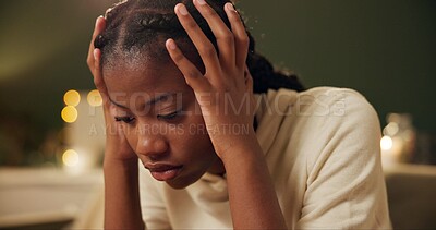 Buy stock photo Black girl, thinking and sad or tired in home for academic pressure, self esteem or anxiety and depression of break up. Woman, fatigue and burnout of school or unhappy of broken heart and stressed.