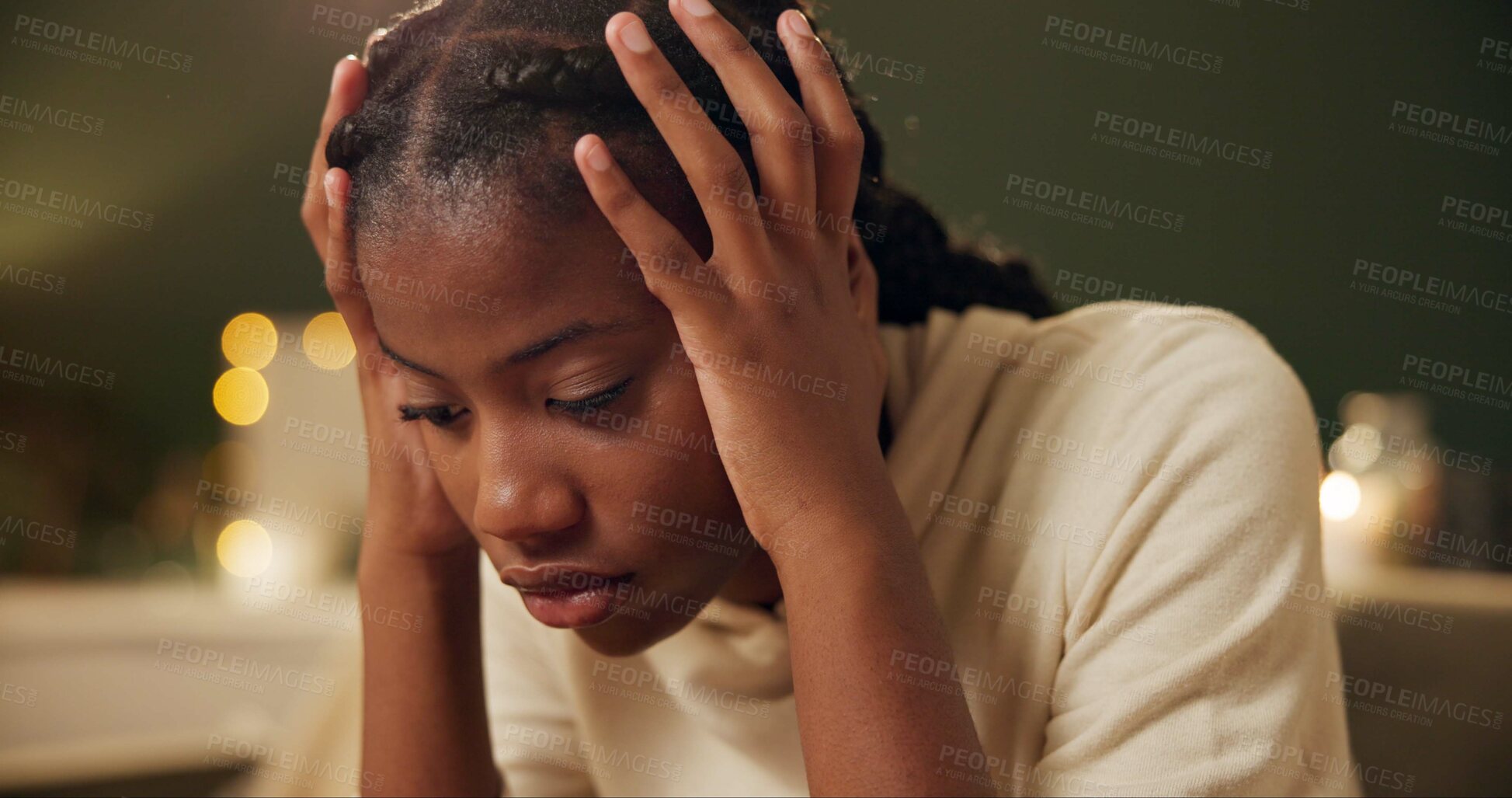 Buy stock photo Black girl, thinking and sad or tired in home for academic pressure, self esteem or anxiety and depression of break up. Woman, fatigue and burnout of school or unhappy of broken heart and stressed.