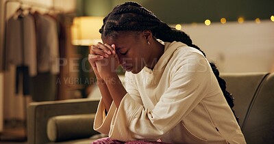 Buy stock photo Night, worship and prayer in home with woman meditate for spiritual faith, hope and gratitude. Girl, praying and practice mindfulness or thank you god, Jesus and Christian trust in spirituality