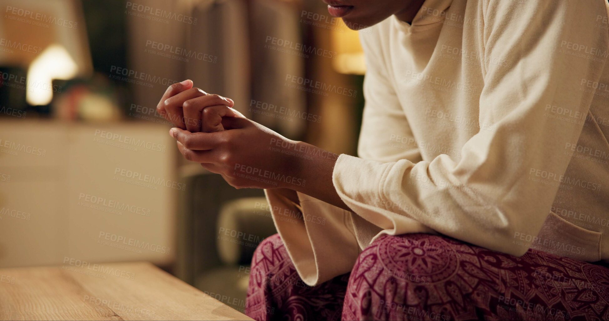 Buy stock photo Black girl, hands and worry with stress on sofa for student loans or academic pressure, anxiety and depression. Woman, home and burnout on couch for fear of bad news or mistake, nervous and scared.