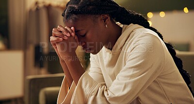 Black girl, worship or pray on sofa in home for solace or devotion, spiritual connection and wellness gratitude to god. Woman, eyes closed and prayer to higher power for praise or hope and christian.