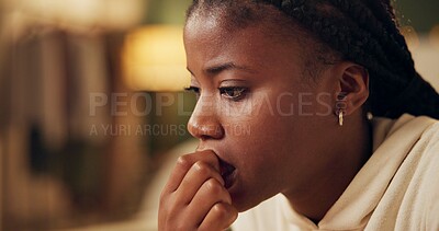 Buy stock photo Anxiety, thinking and black woman in home with stress from financial loan, student debt and crisis. College, finance and girl with worry about problem, fear and coping with conflict in mental health