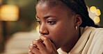 Anxiety, thinking and black woman in home with stress from financial loan, student debt and crisis. College, finance and girl with worry about problem, fear and coping with conflict in mental health